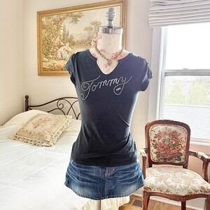 black fitted rhinestone‎ logo t shirt Tommy Hilfiger size medium Y2K